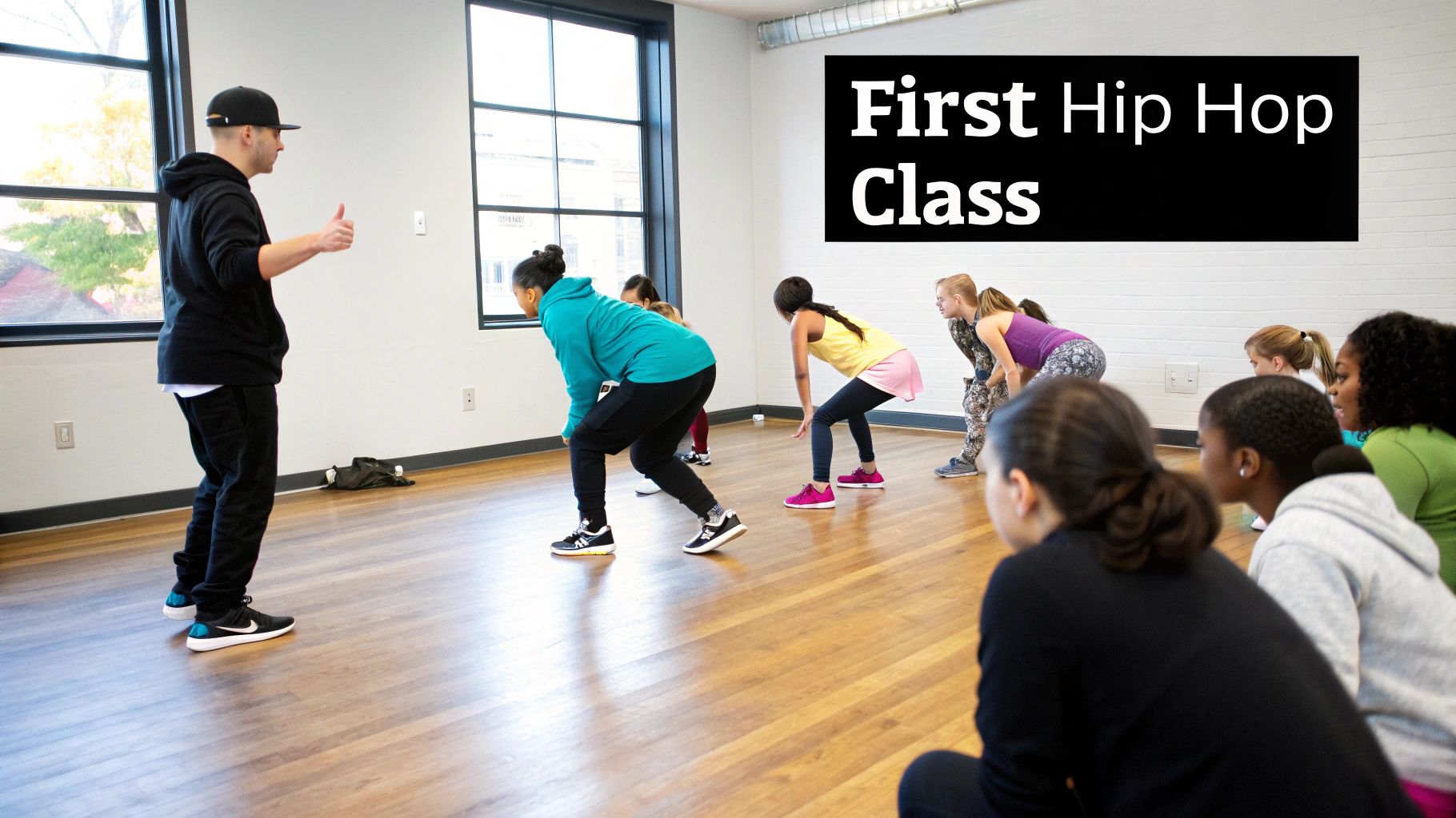 Male instructor leads diverse young female students in their first hip-hop dance class.