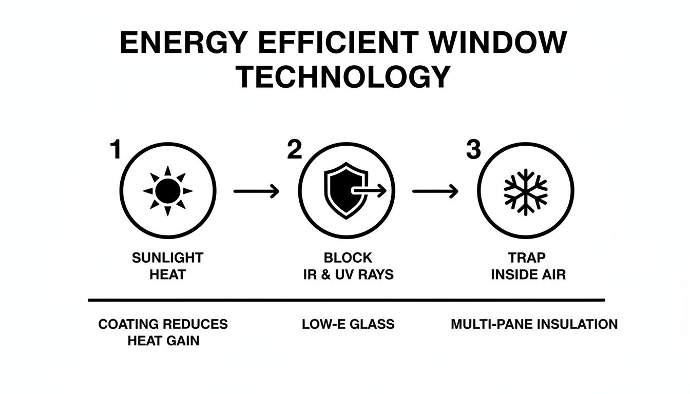 Diagram showing three steps of energy-efficient window technology: sunlight heat, blocking IR/UV rays, and trapping inside air.