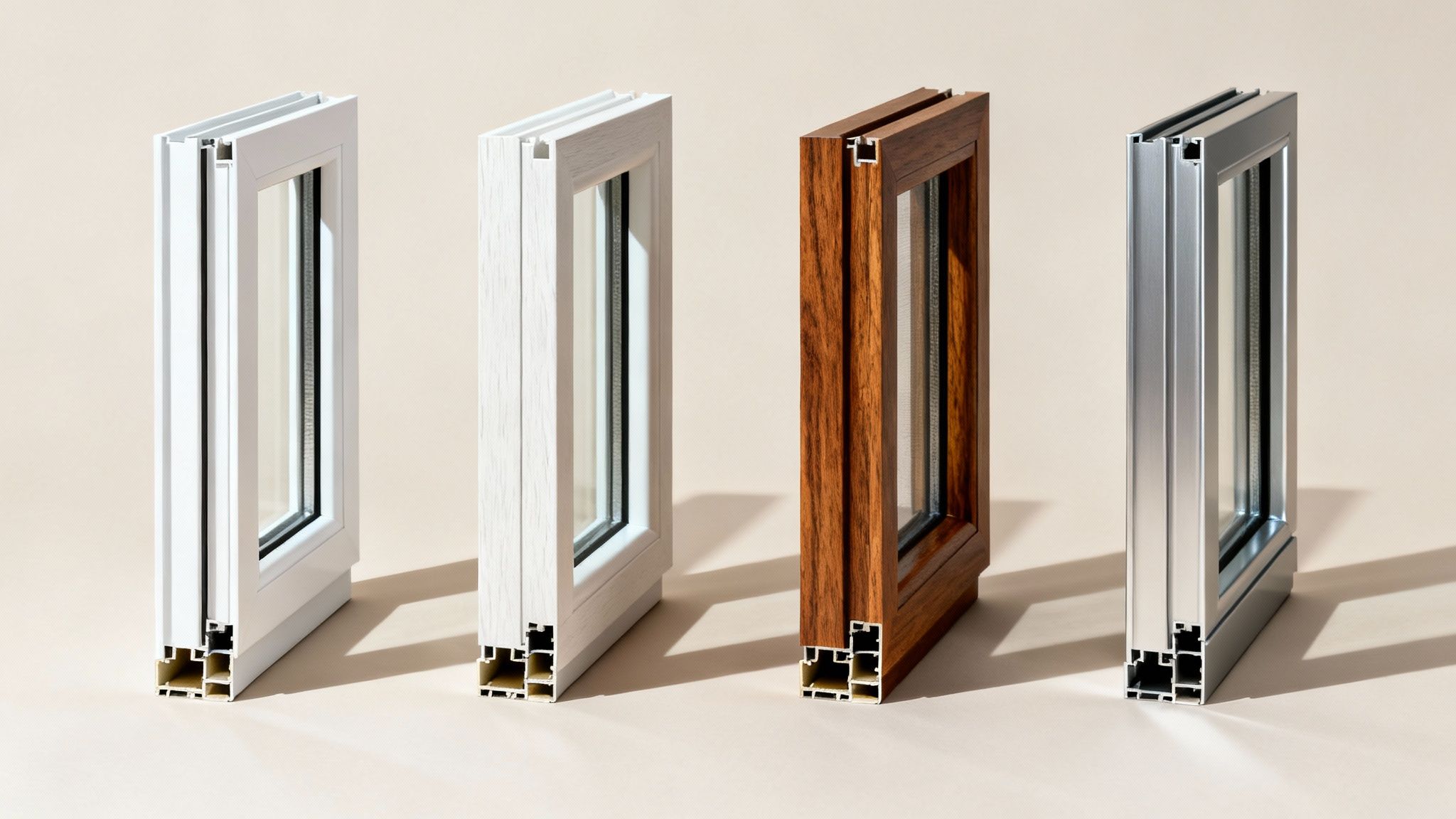 Cross-sections of four different window frames showcasing various materials and designs, including PVC, wood, and aluminum.