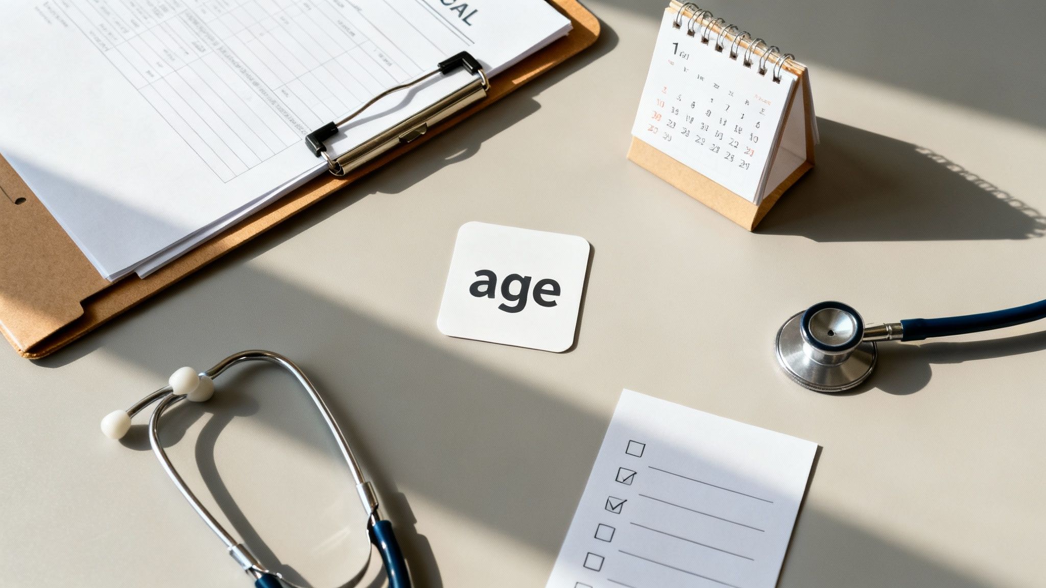 A flat lay of medical items on a desk, including a stethoscope, calendar, and an 'age' card.