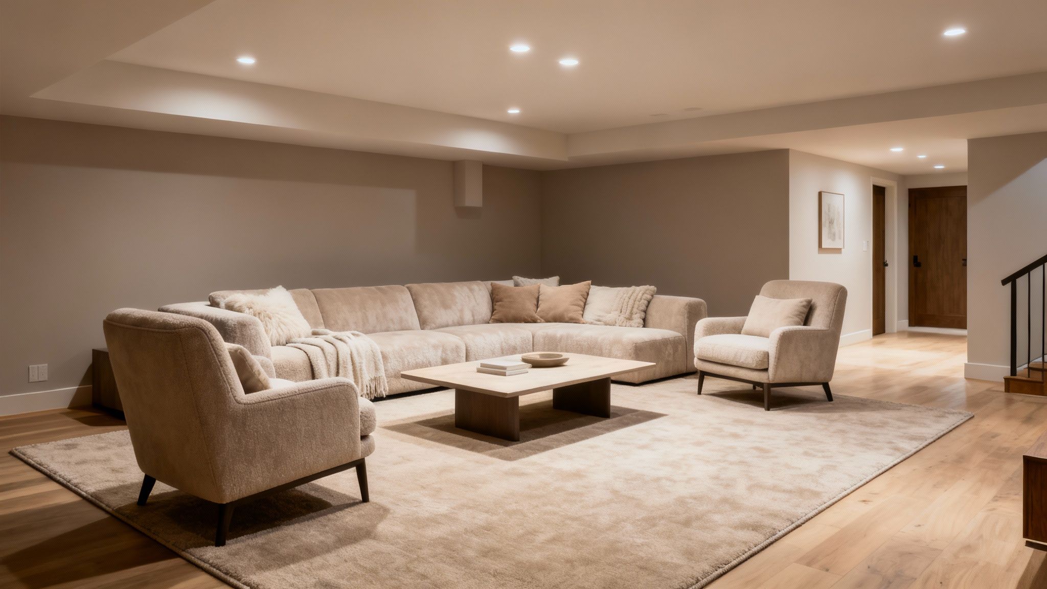 A modern, neutral-toned basement living room with a large sectional, armchairs, and coffee table.
