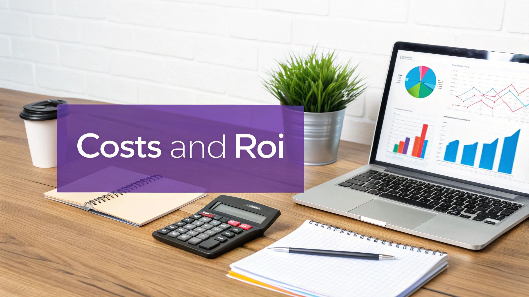 A desk with a laptop showing financial charts, a calculator, and a coffee cup, with 'Costs and ROI' text.