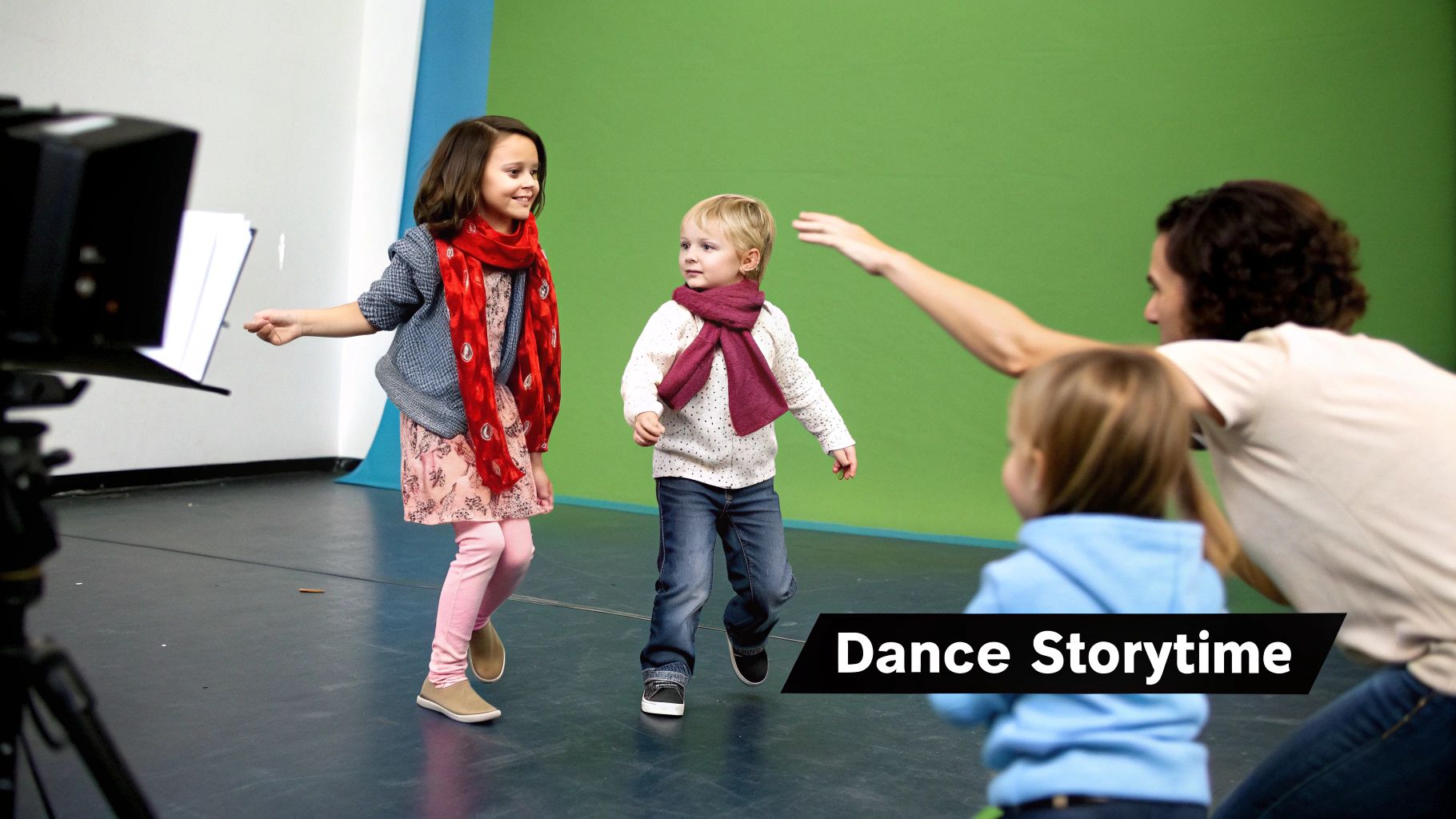 Children and an adult participate in a lively dance storytime session in a studio with a green screen.