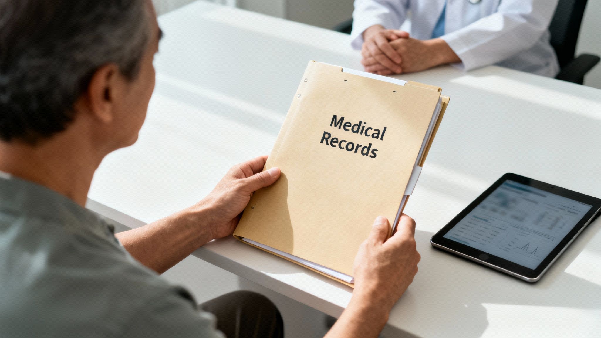 An older man holds a 'Medical Records' folder during a consultation with a doctor.