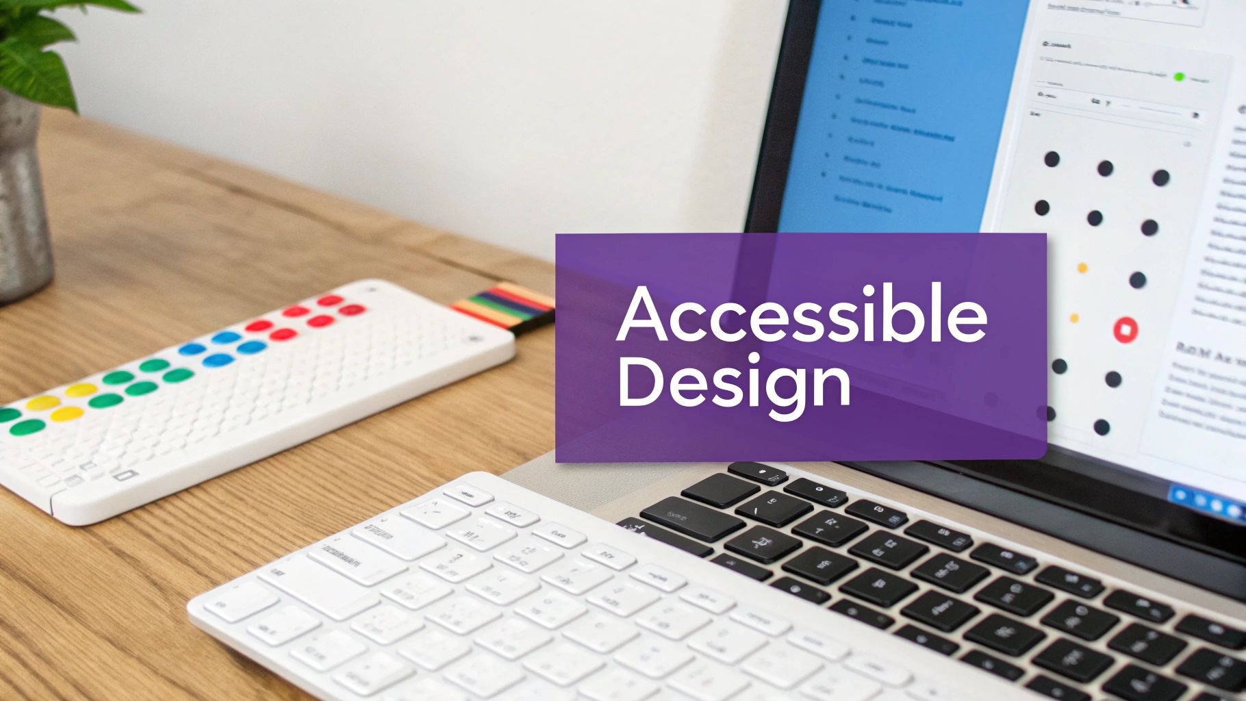 A desk with a laptop displaying a website, an accessible keyboard, and a device with colorful buttons, emphasizing accessible design.