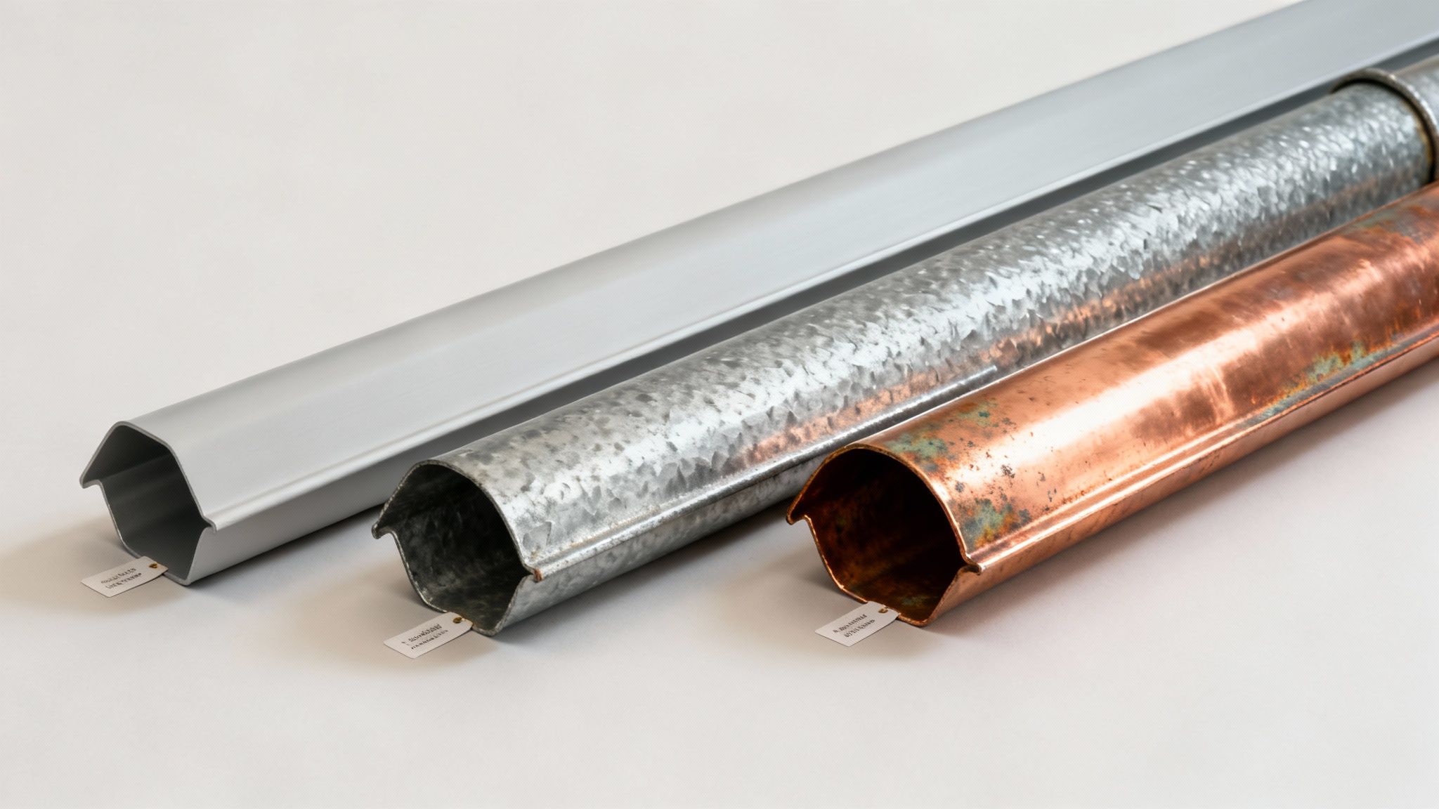 Three metal gutters of different materials: smooth gray, textured galvanized, and weathered copper.