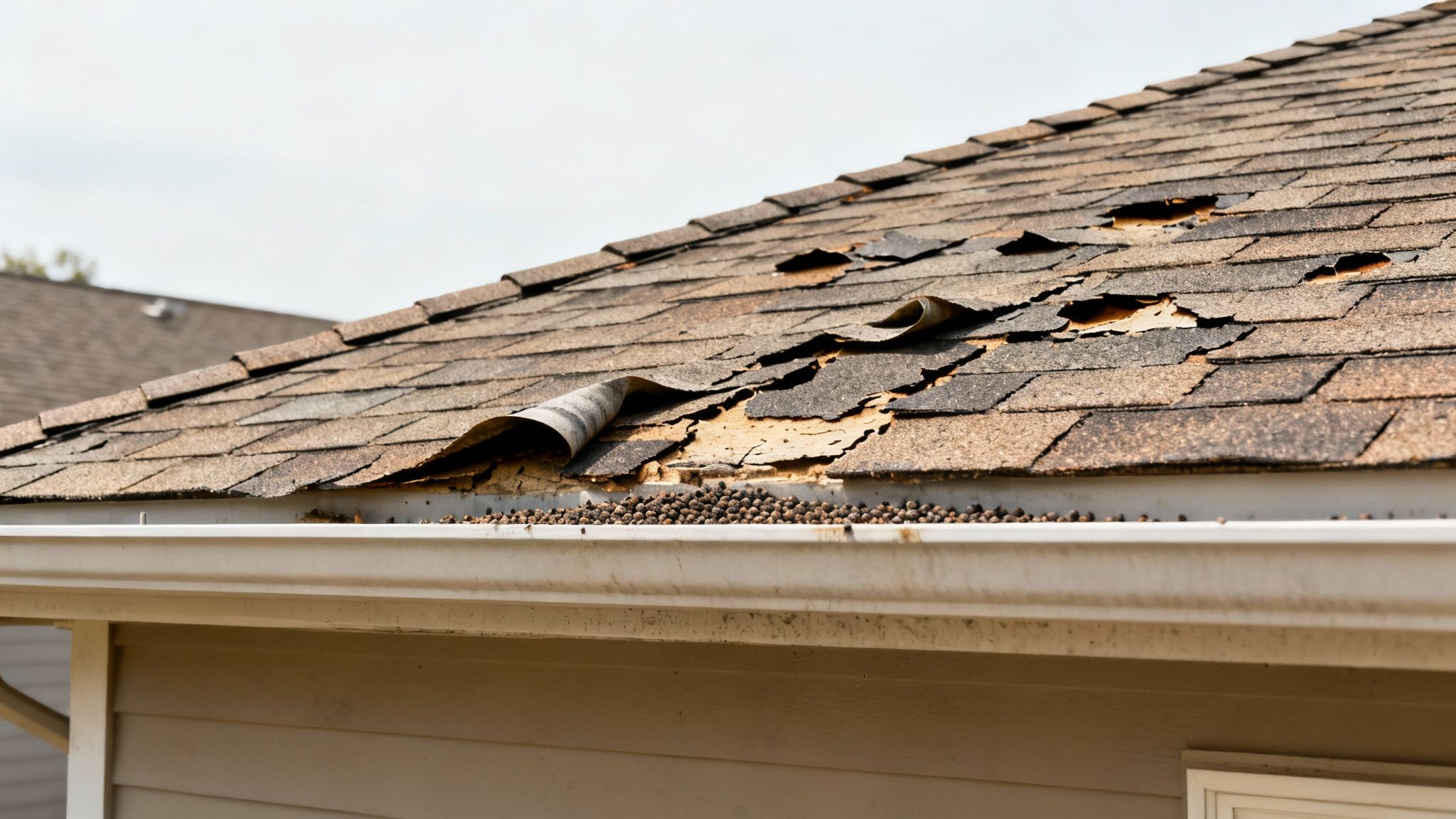 Severely damaged asphalt shingle roof with missing granules and curled, cracked shingles above a granule-filled gutter.