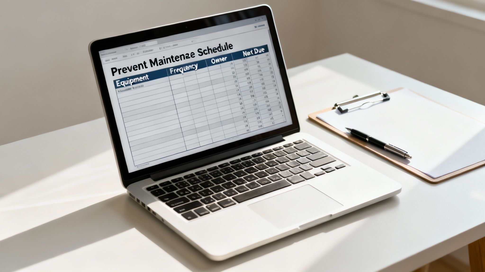 A laptop displays a preventive maintenance schedule spreadsheet on a clean white desk with a clipboard and pen.
