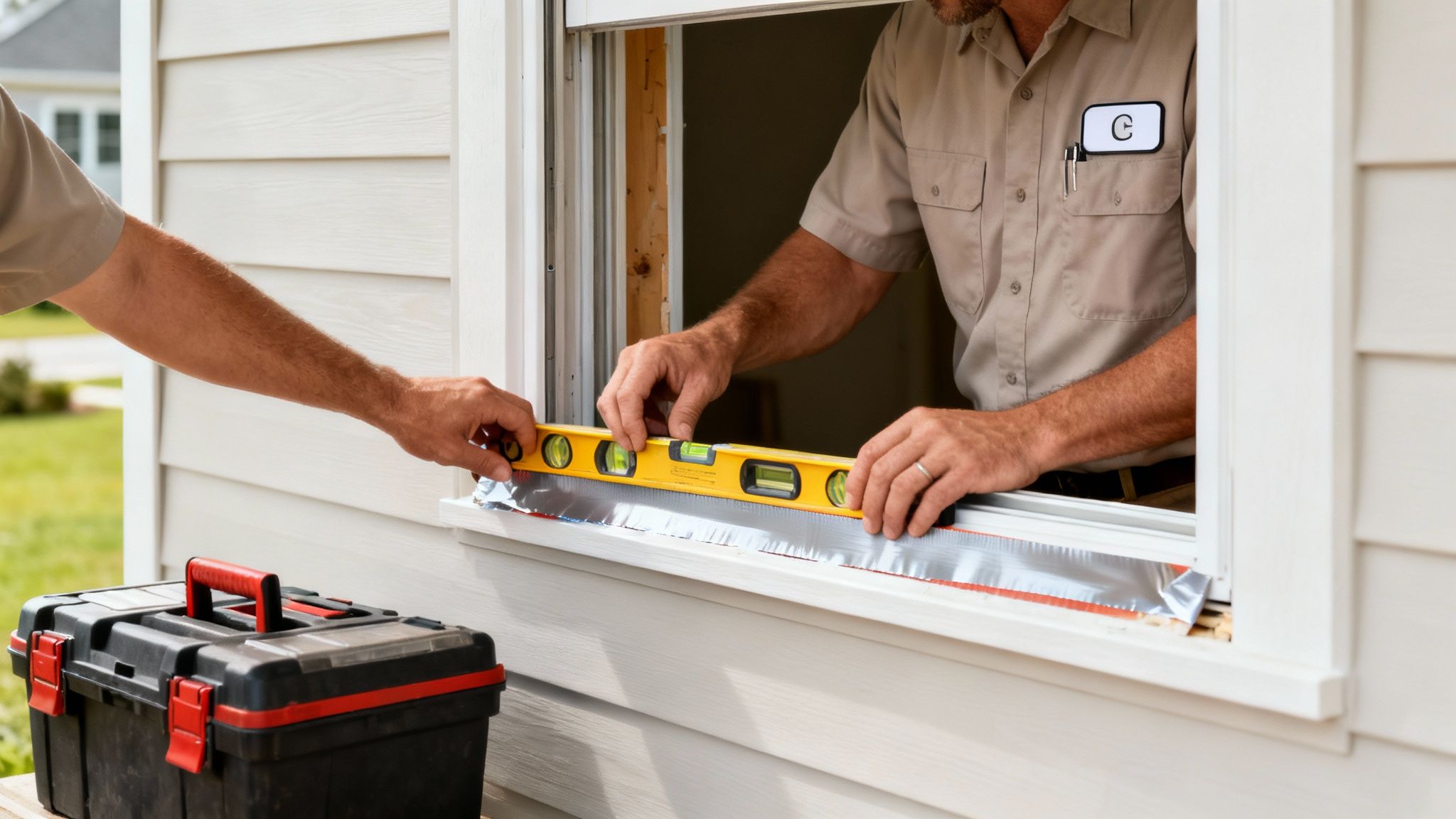 Two men are carefully installing a new window frame into a house using a yellow level.