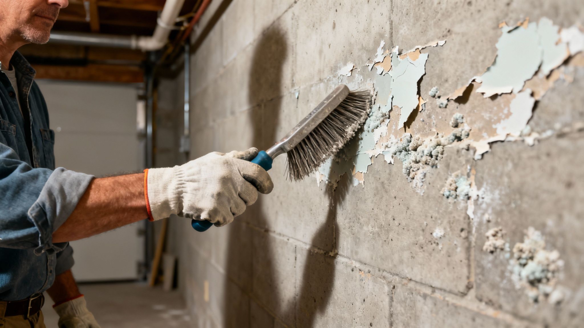 A person using a wire brush to clean a concrete basement wall before waterproofing.