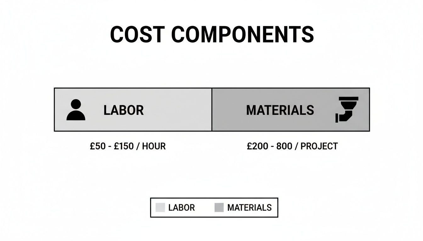 A chart detailing project cost components, differentiating between labor and materials with their respective price ranges.