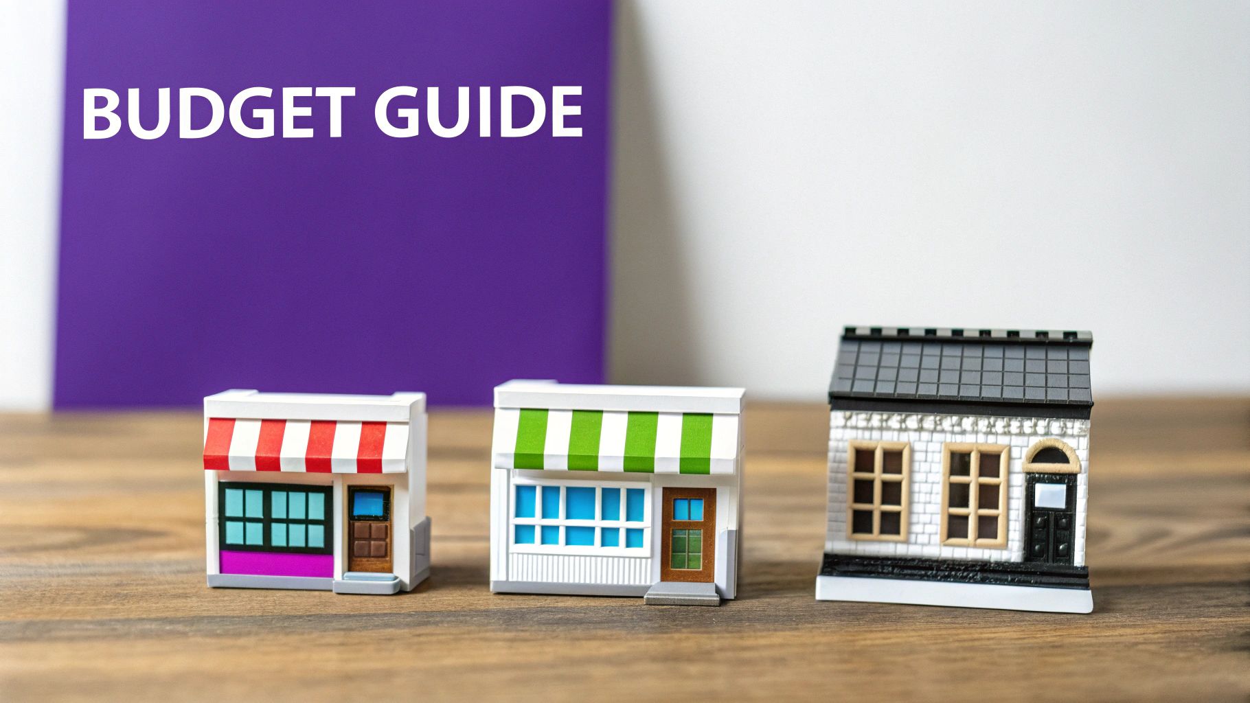 Budget guide book with three small business storefront models on wooden desk