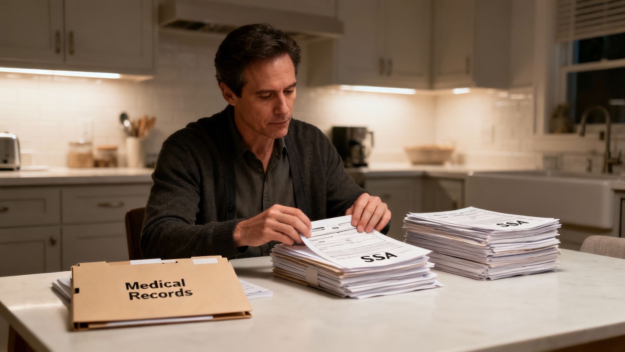 A man reviews stacks of medical and SSA documents on a kitchen table at night, appearing focused.