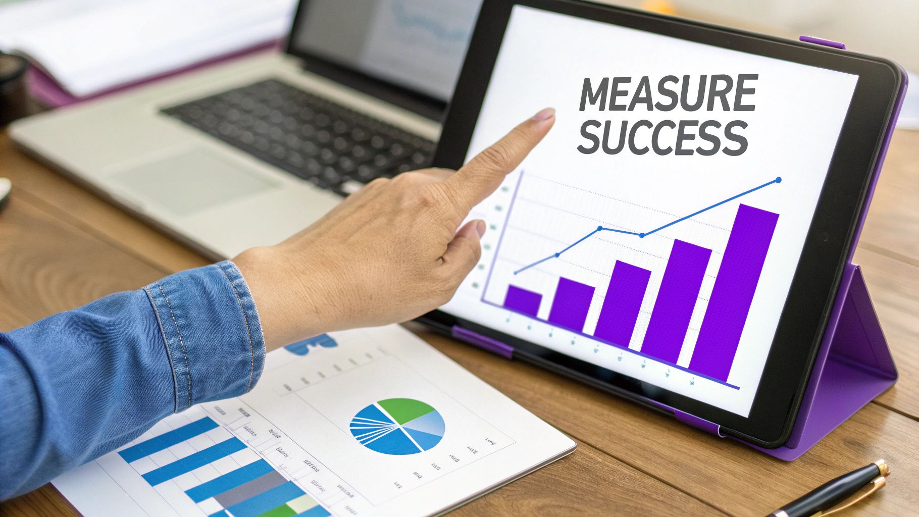 A hand pointing at a tablet displaying 'MEASURE SUCCESS' with business growth charts on a desk.
