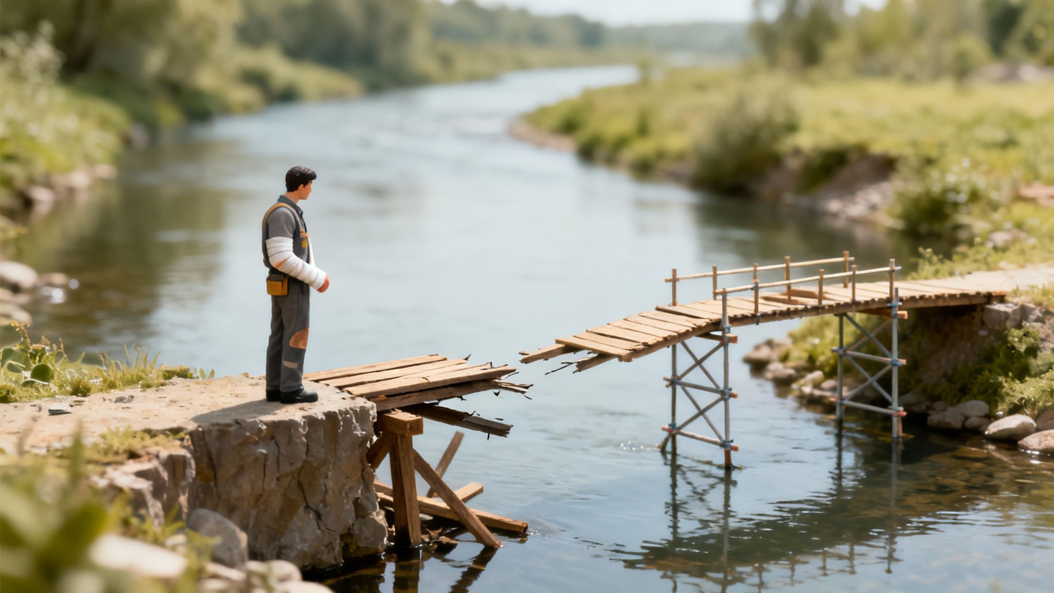 Miniature injured man standing on a broken wooden bridge overlooking a peaceful river.