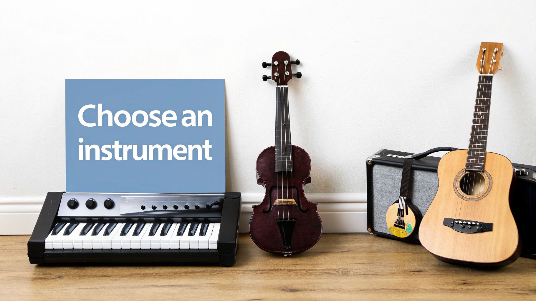 A keyboard, violin, acoustic guitar, and a small mandolin against a white wall with a sign saying 'Choose an instrument'.