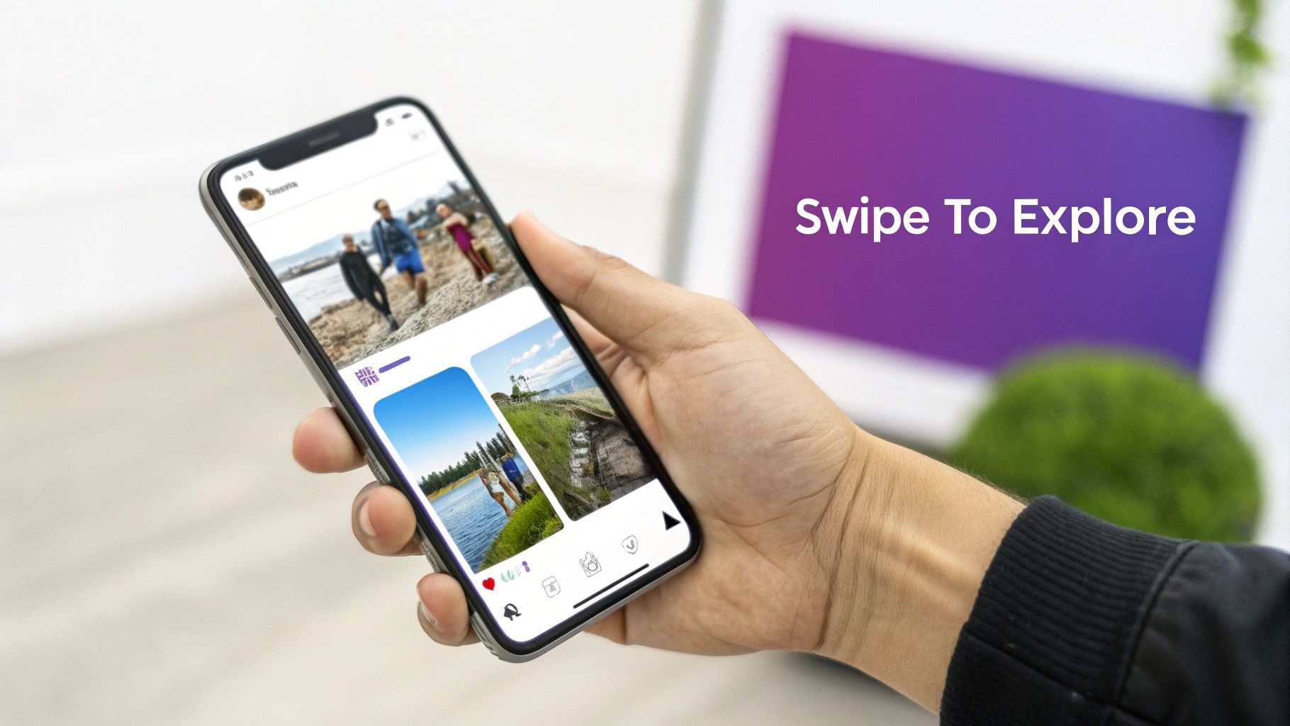 A hand holds a smartphone displaying a social media feed with outdoor photos, text 'Swipe To Explore' is visible.
