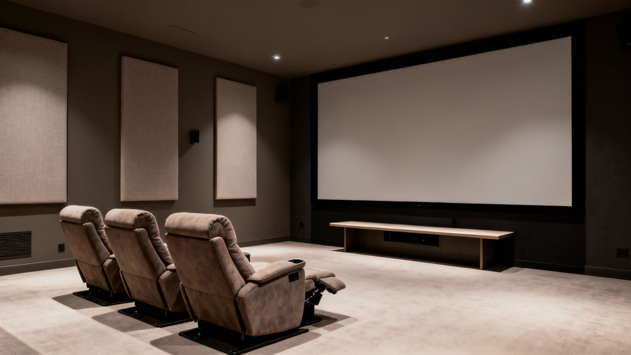 A luxurious home theater with recliners, a large projection screen, and acoustic wall panels.