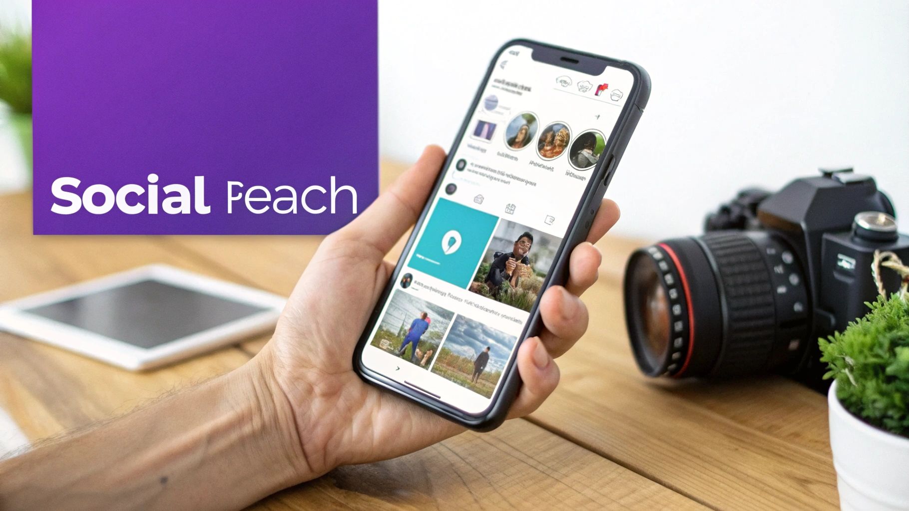 A hand holding a smartphone displaying the 'Social Feach' app next to a camera and tablet.