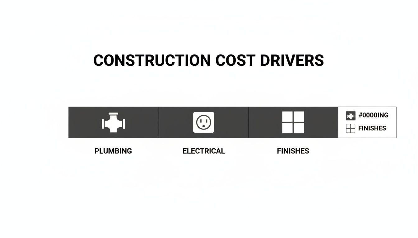 An infographic titled 'Construction Cost Drivers' featuring icons for Plumbing, Electrical, and Finishes categories.