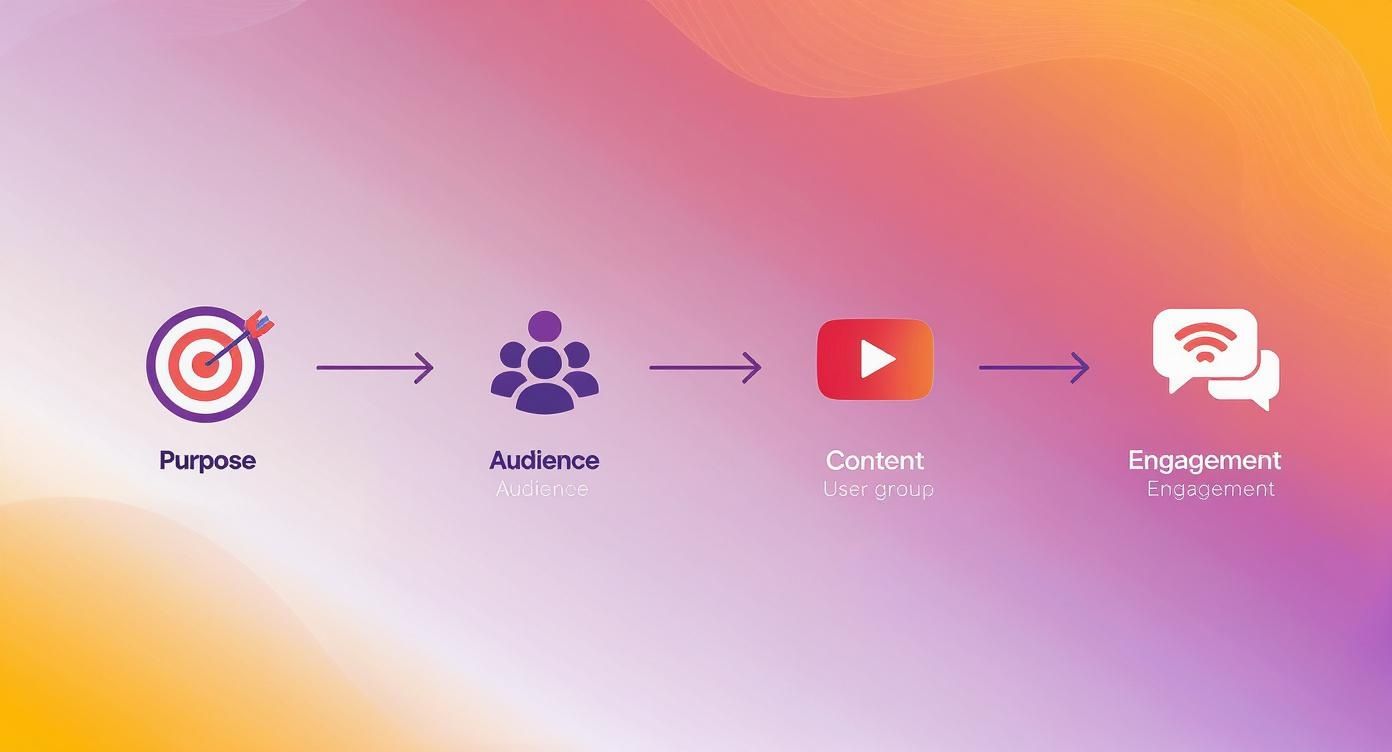 A four-step diagram showing the content strategy flow from purpose to audience, content, and engagement.