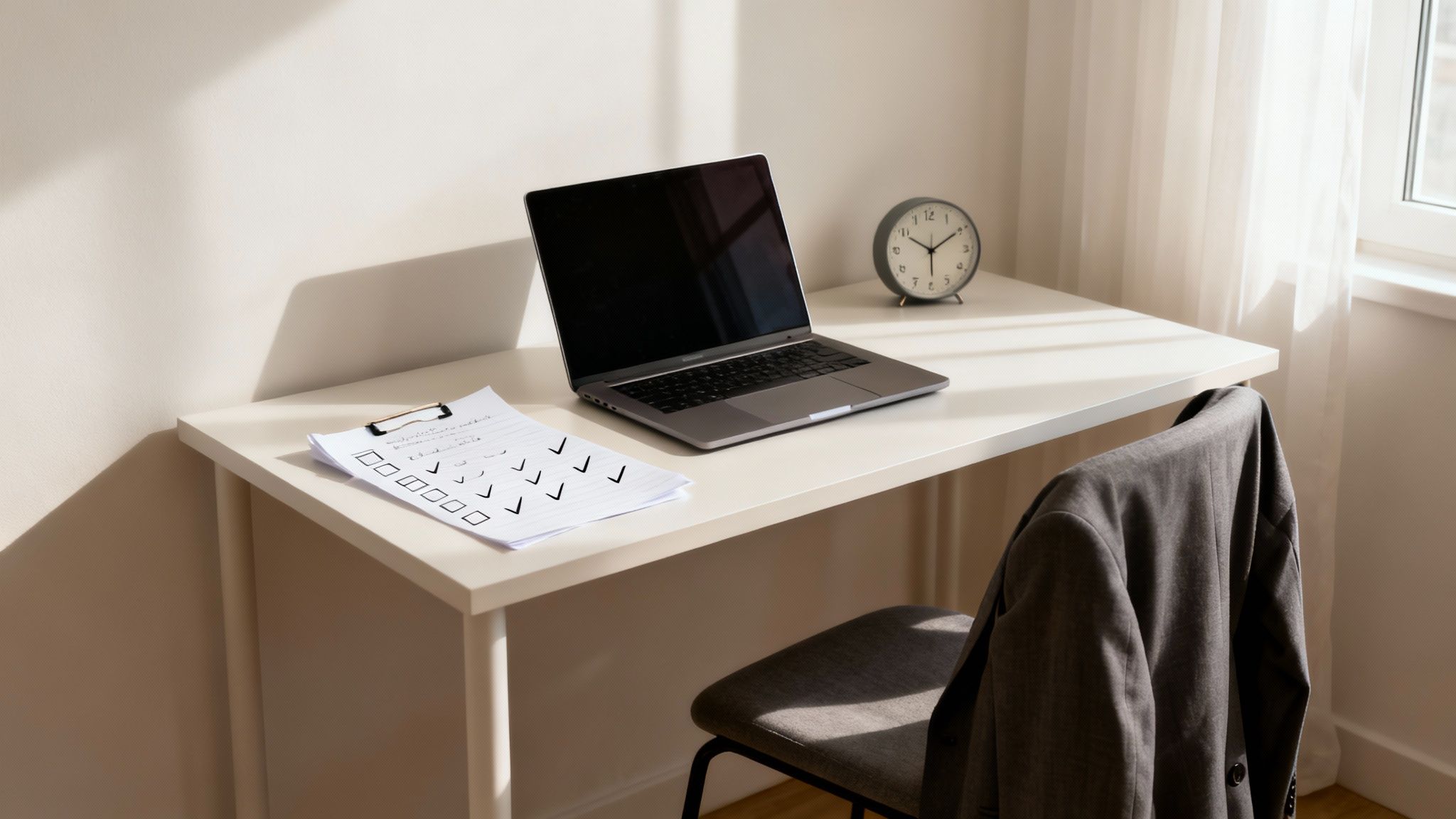 A bright, minimalist home office desk with a laptop, checklist, and alarm clock, ready for work.