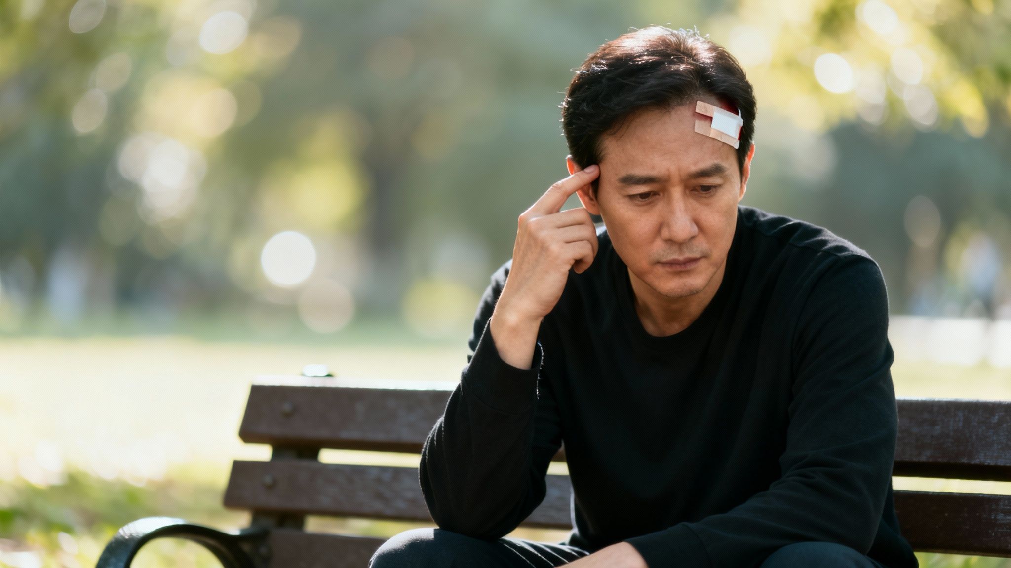 A man with a bandaged forehead sits alone on a park bench, looking pensive.