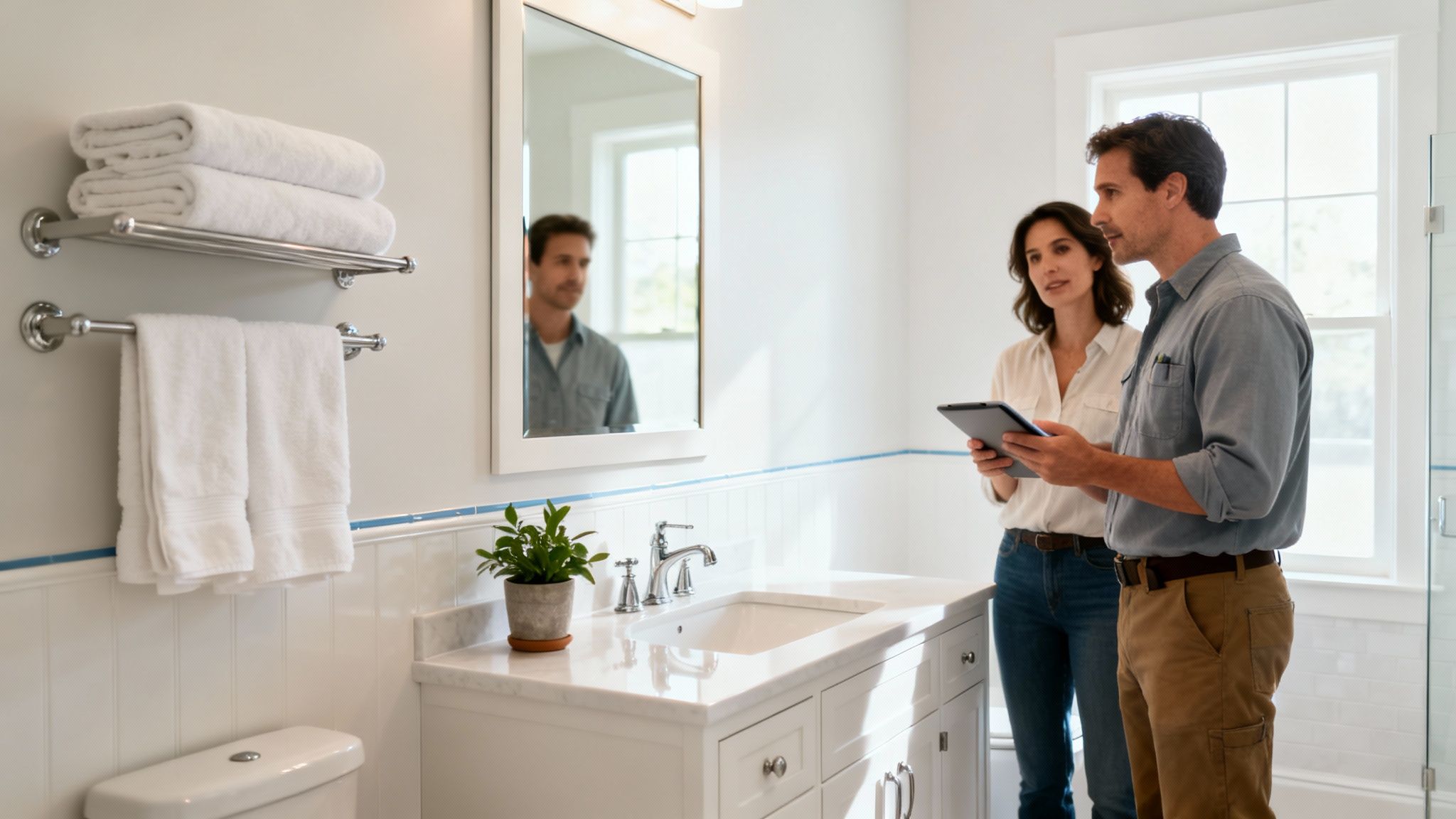 Two people discuss bathroom renovation plans on a tablet in a bright, modern bathroom.