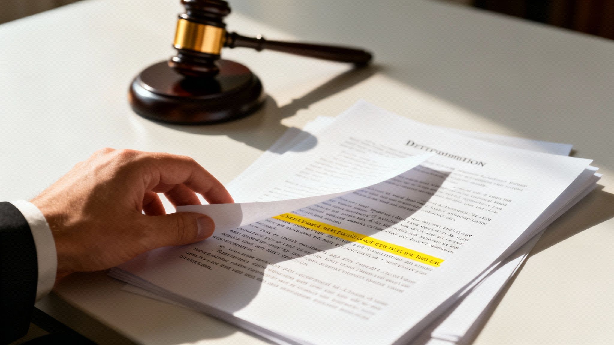A lawyer's hand highlighting text on legal documents with a judge's gavel in the background.