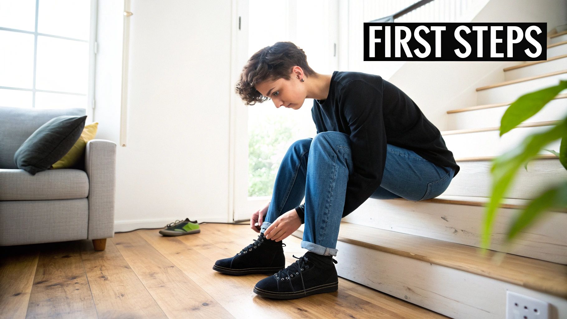 Young person tying black sneakers on stairs preparing for first dance lesson