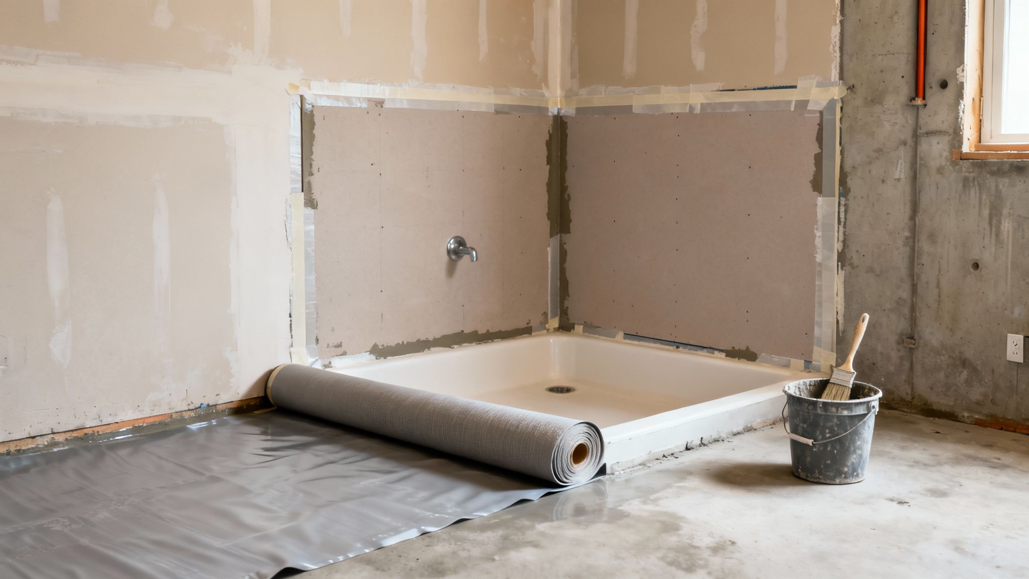 Basement bathroom under construction with a shower pan, cement board walls, and waterproofing membrane.
