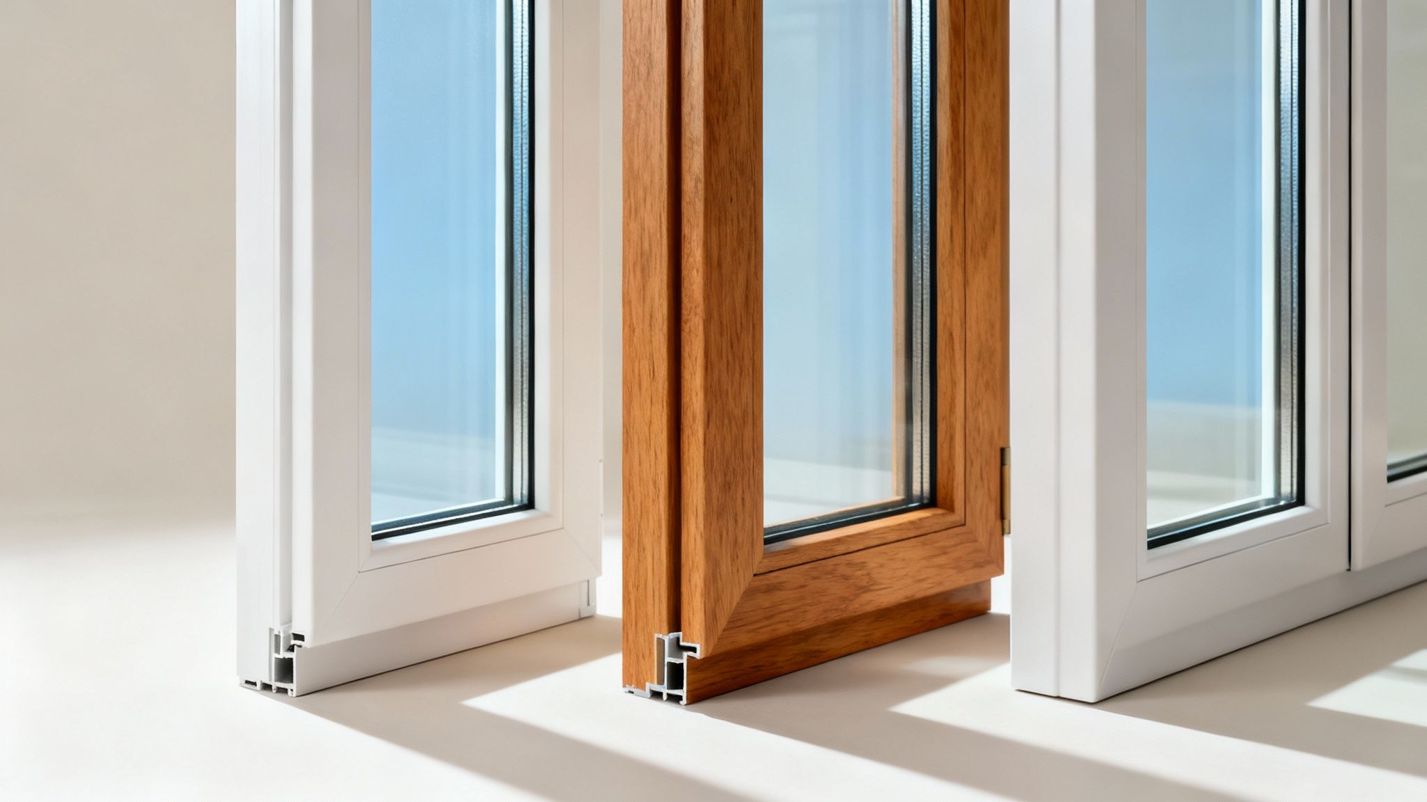 Three modern window frames, two white PVC and one natural wood-look, showcasing profiles and glass.