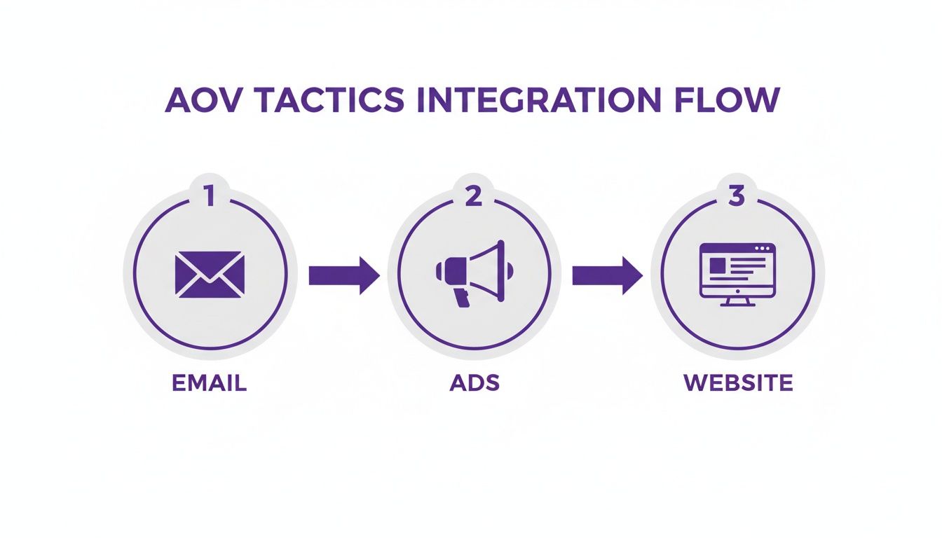AOV tactics integration flow diagram showing steps from email through ads to a website.