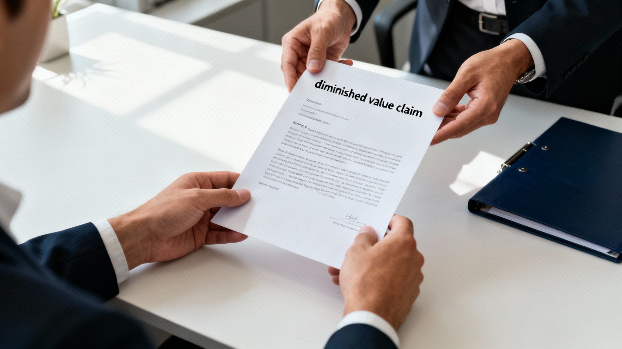 Two business people exchanging a document titled 'diminished value claim' at an office desk.
