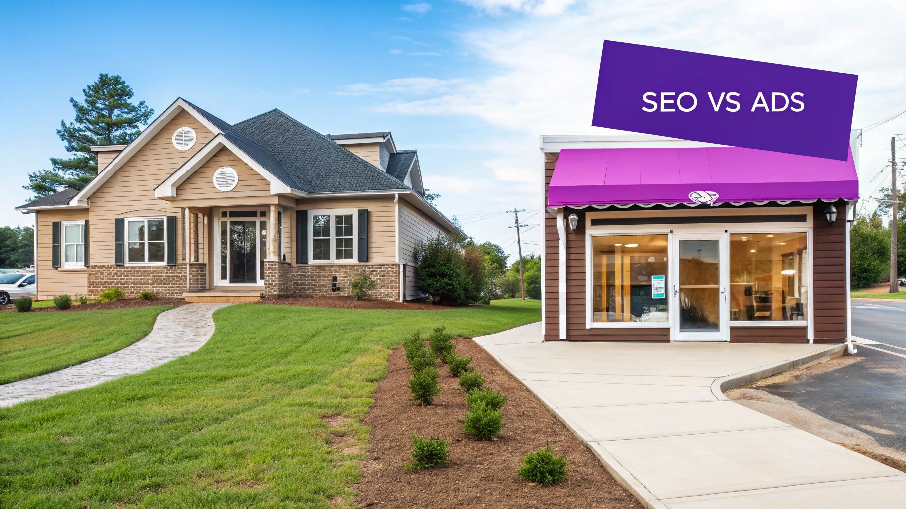 A residential house with a green lawn and a small commercial storefront with a purple awning and "SEO VS ADS" banner.