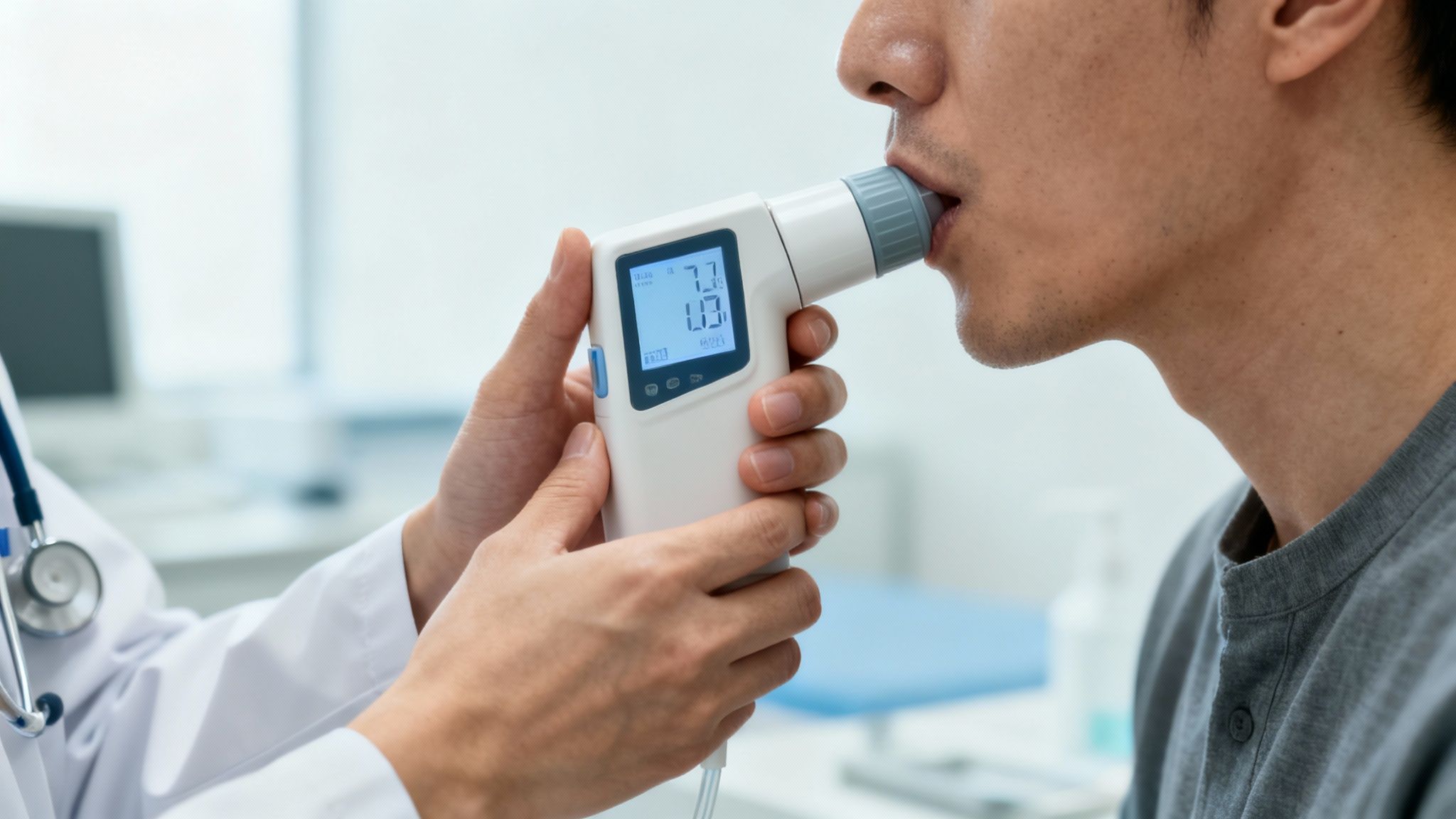 Doctor assisting a patient with a spirometer to measure lung function during a medical examination.