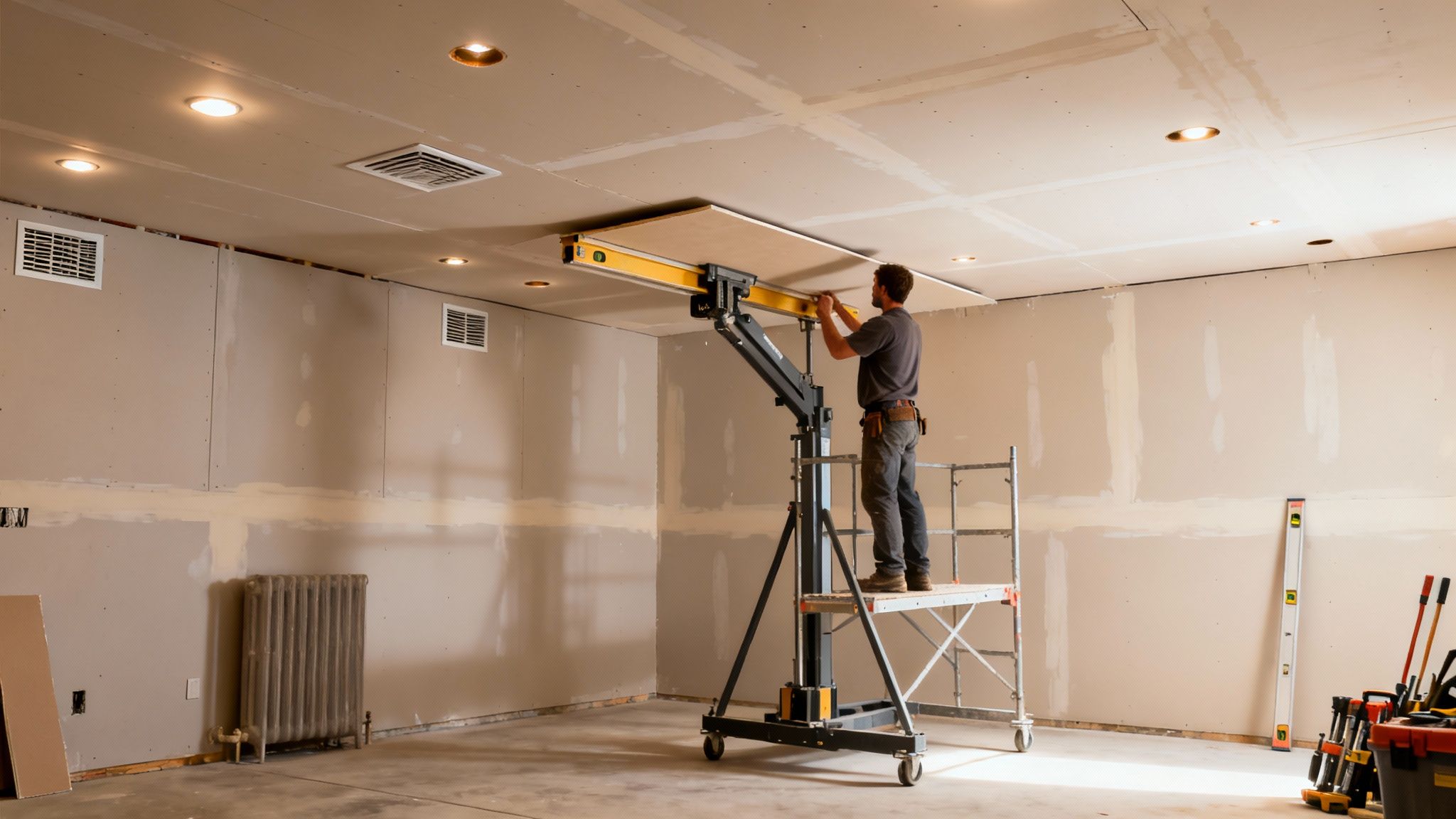 A man on scaffolding installs a large drywall panel onto a ceiling using a mechanical lift.