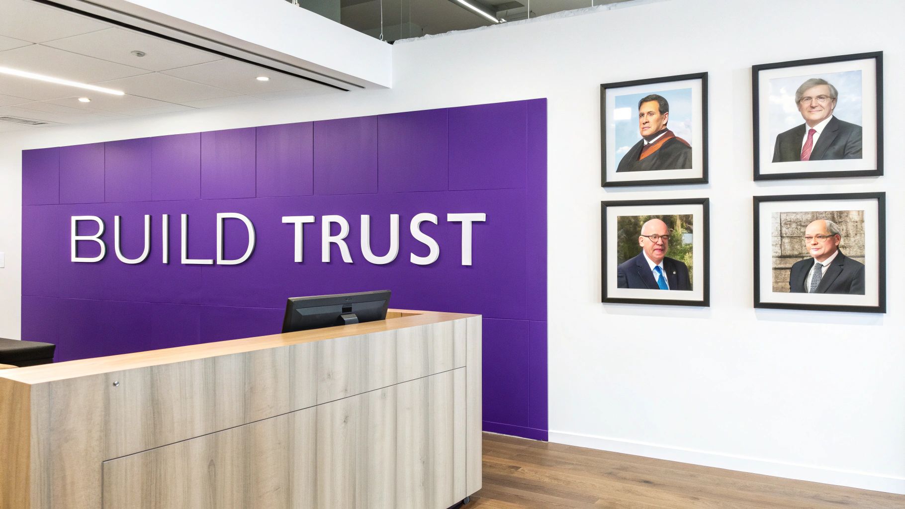 Modern law office reception area featuring a purple wall with 'BUILD TRUST' text and framed portraits.
