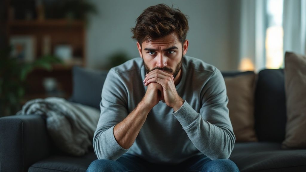 Woman sitting on a couch looking stressed and thoughtful, representing anxiety.