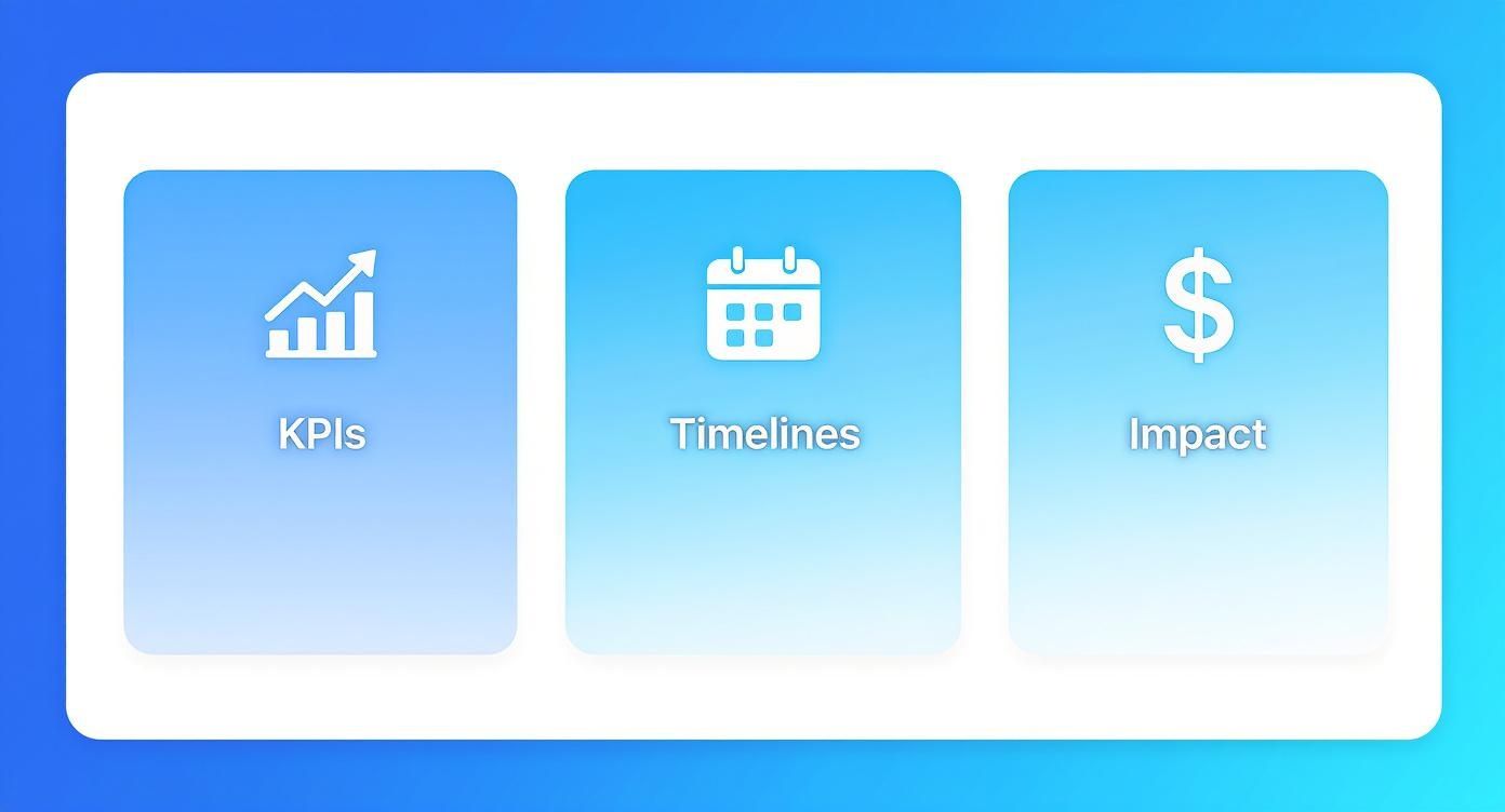 Three gradient blue cards display KPIs, Timelines, and Impact, each with a relevant icon.