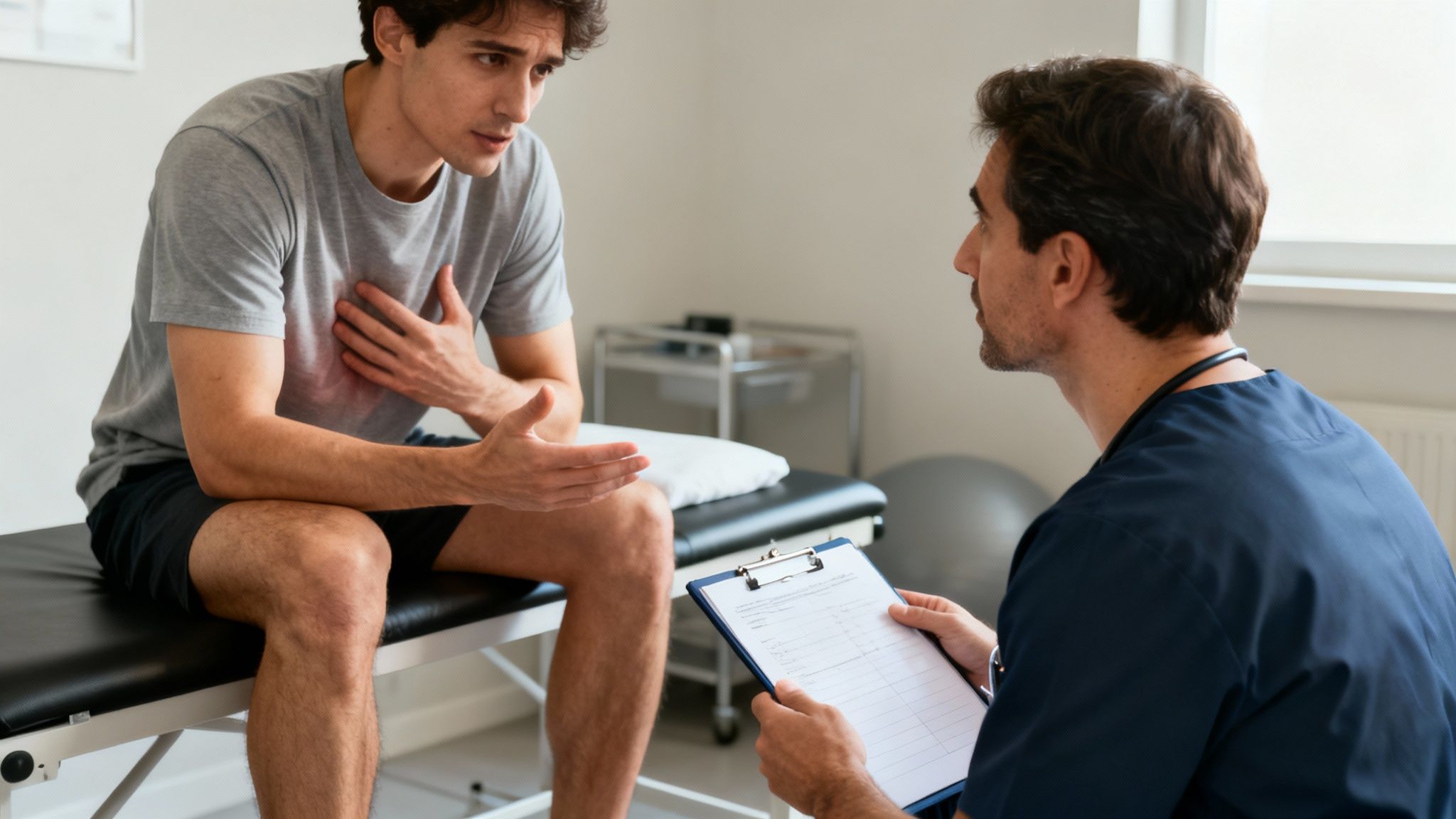 A male patient discusses his chest pain with a male doctor during a medical consultation.