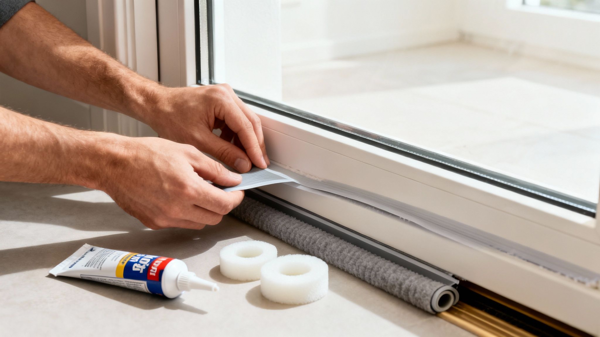 Close-up of hands applying weatherstripping tape to a white window frame, alongside a sealant tube and draft stopper.