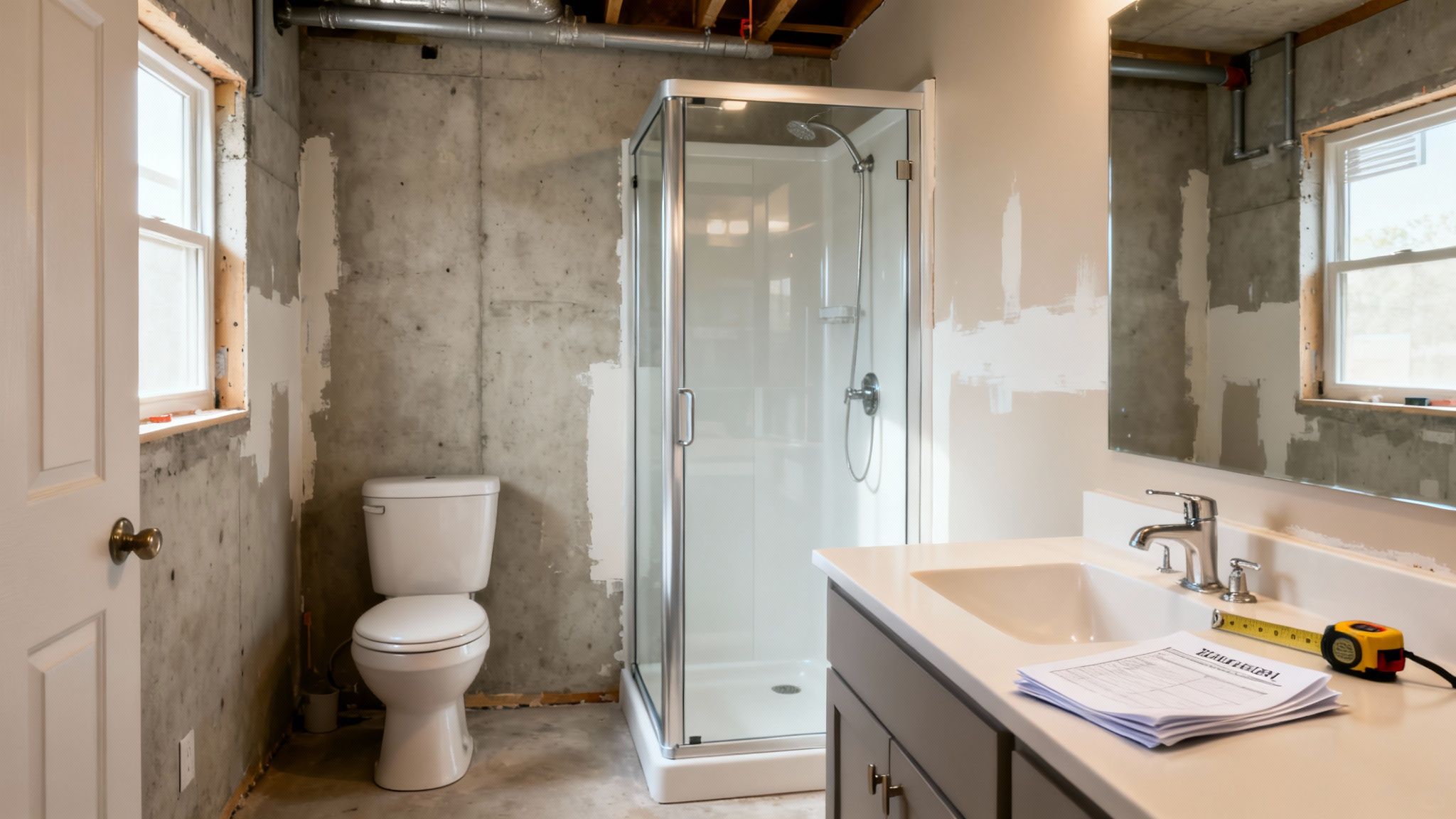 A basement bathroom under construction featuring exposed concrete walls, a new toilet, shower, and vanity.