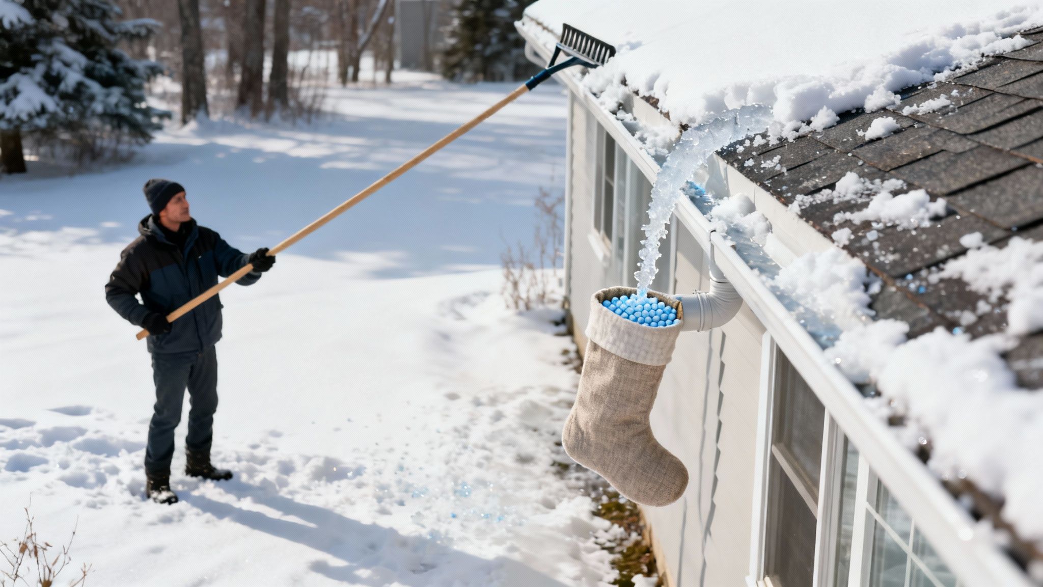 A man uses a long snow rake to clear snow and ice from a house roof and gutter.