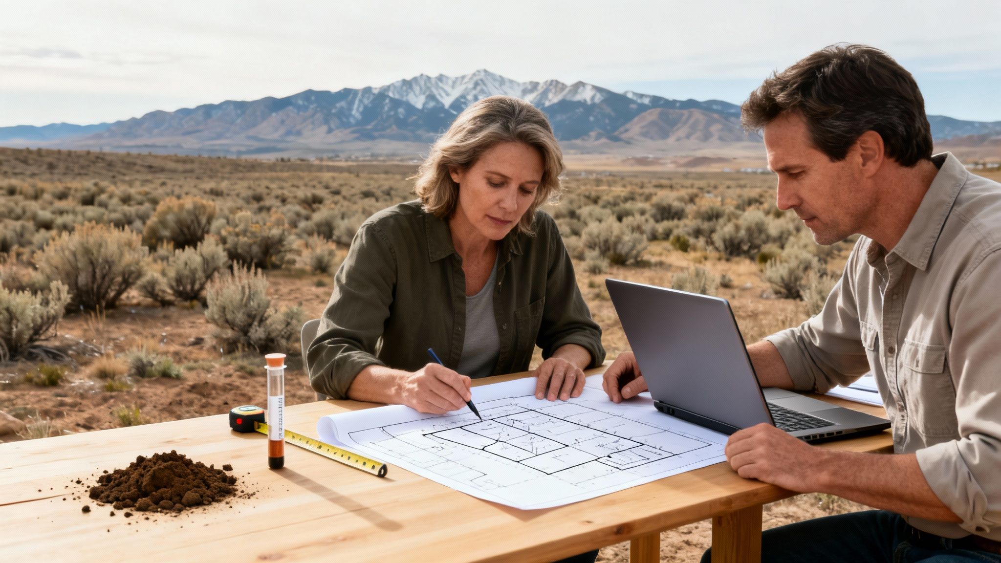 Two people reviewing blueprints and soil samples outdoors with mountains in the background.