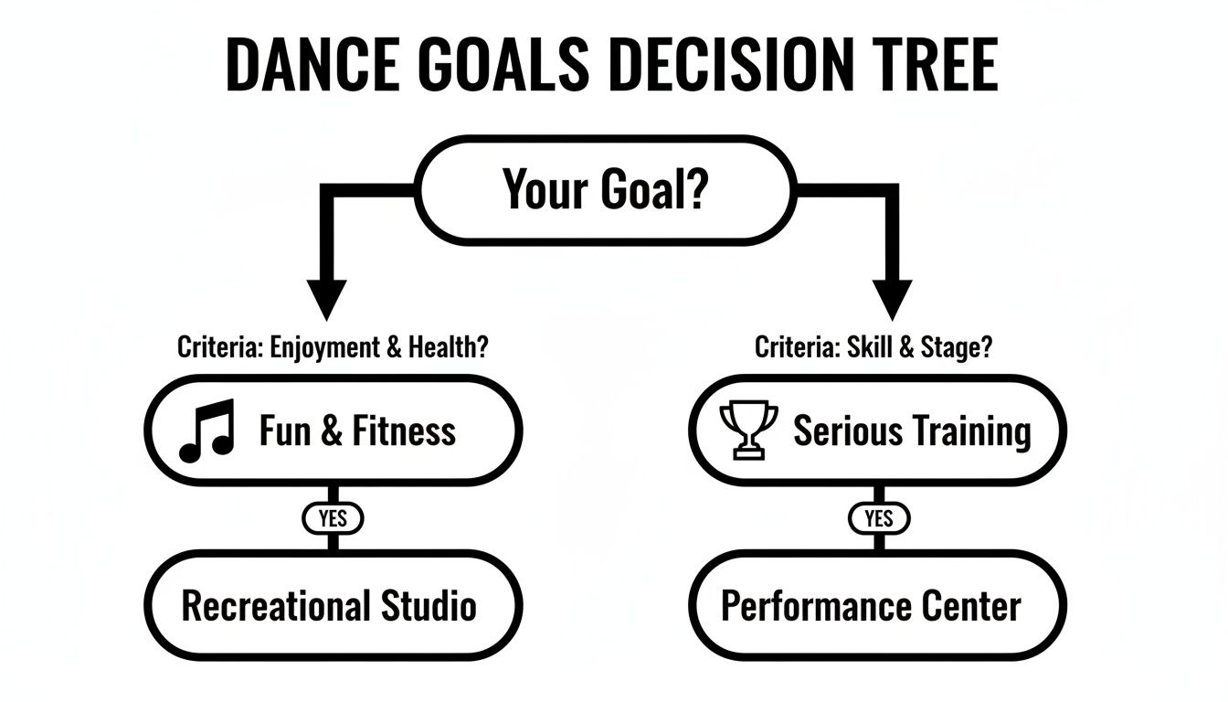 A dance goals decision tree showing paths for recreational fun and serious performance training.