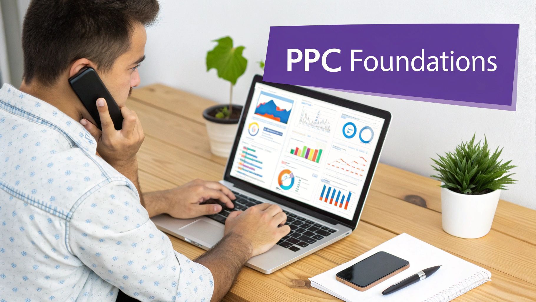 Man on phone and laptop viewing PPC data analytics, learning about PPC Foundations.