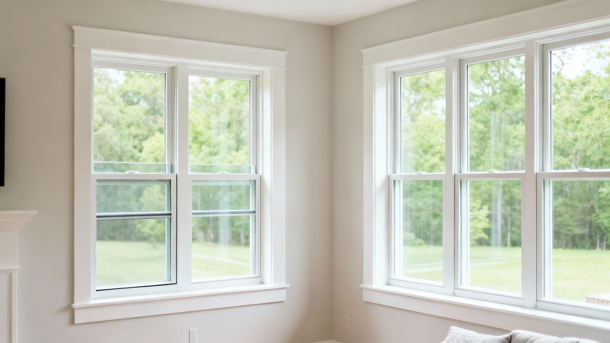Bright interior with two white-framed windows, one double-hung, offering a view of green trees.