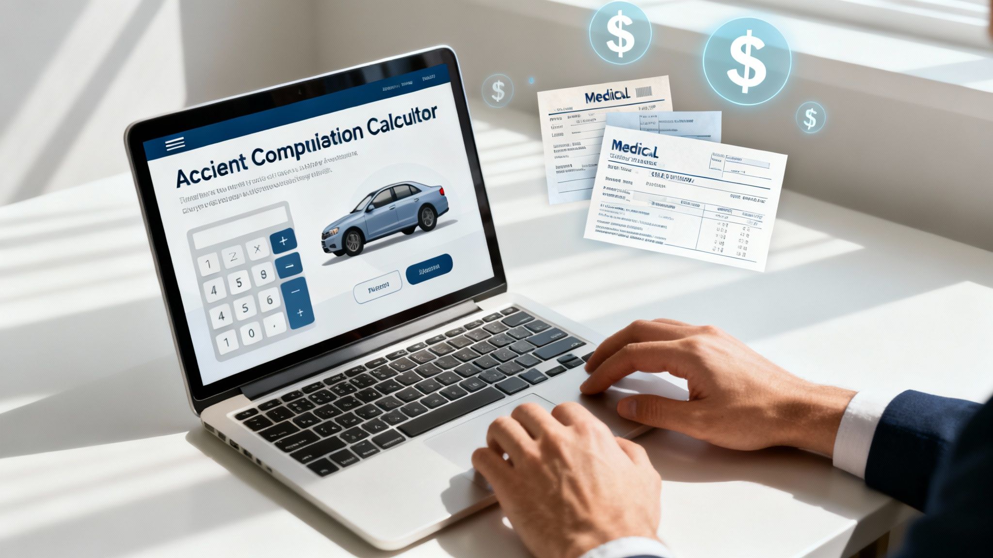 A person using a calculator with documents and a car key on the table, symbolizing the calculation of a car accident claim.
