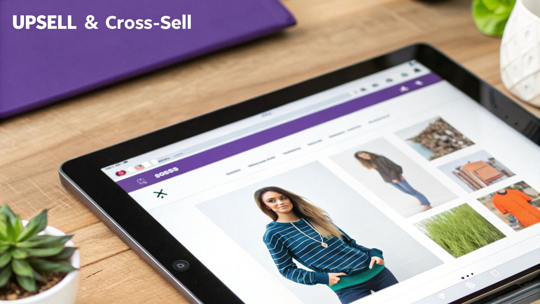 A tablet displaying an online store with a woman wearing a striped sweater and prominent text "UPSELL & Cross-Sell".